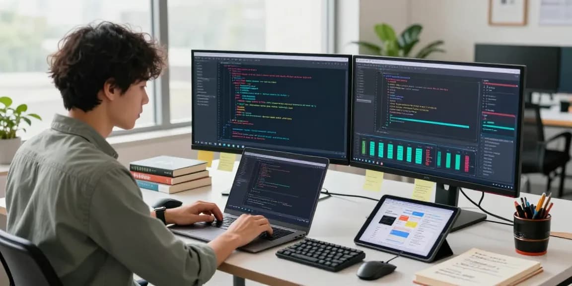 Developer coding juicy ai applications on modern workspace monitors