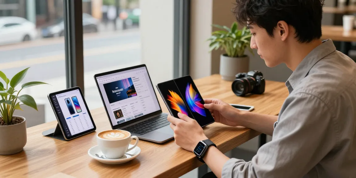 A young professional explores the Samsung Galaxy Z TriFold in a modern urban cafe, highlighting the device's innovative triple-display.
