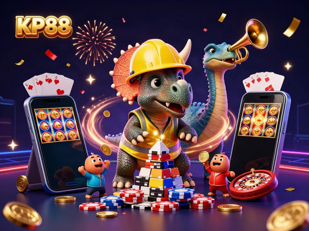 Celebrate KP88 with a vibrant casino scene featuring dinosaurs building poker chips.