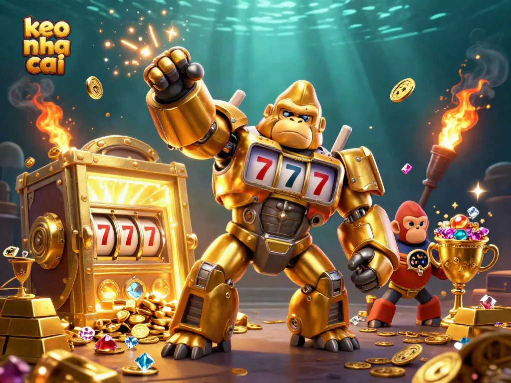 Bet on keo nha cai with a 3D golden gorilla mech celebrating jackpot wins in a casino