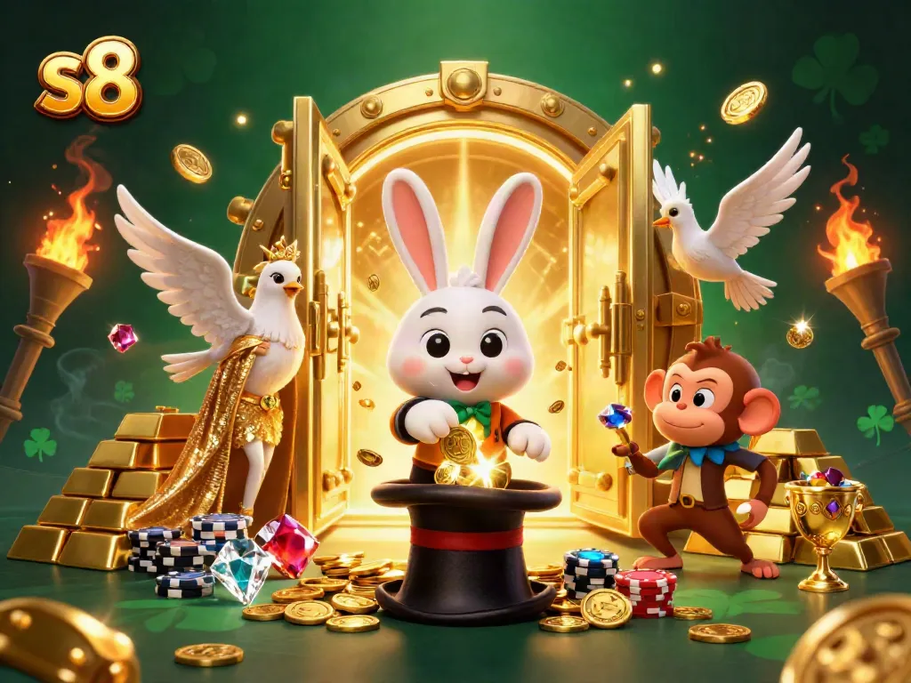 Experience thrilling wins at s8 with a magician rabbit and treasures in a stunning casino scene.