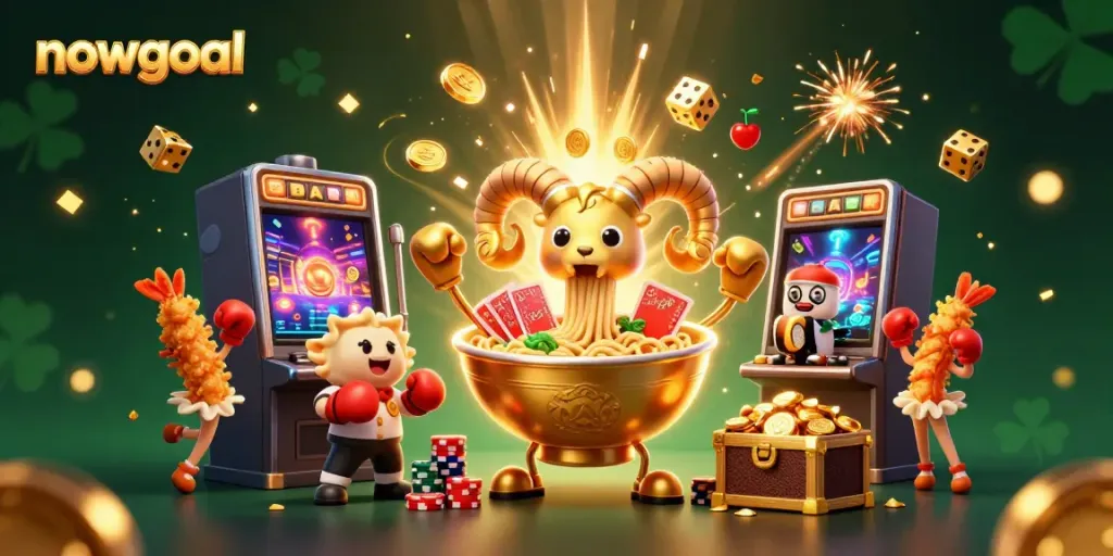 Experience thrilling moments at Nowgoal with a vibrant 3D casino scene featuring animated characters and exciting game elements.