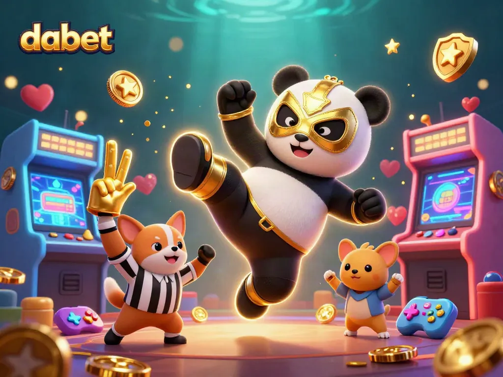 Engage with dabet's dynamic 3D illustration of a panda wrestler, energizing the online gaming experience.