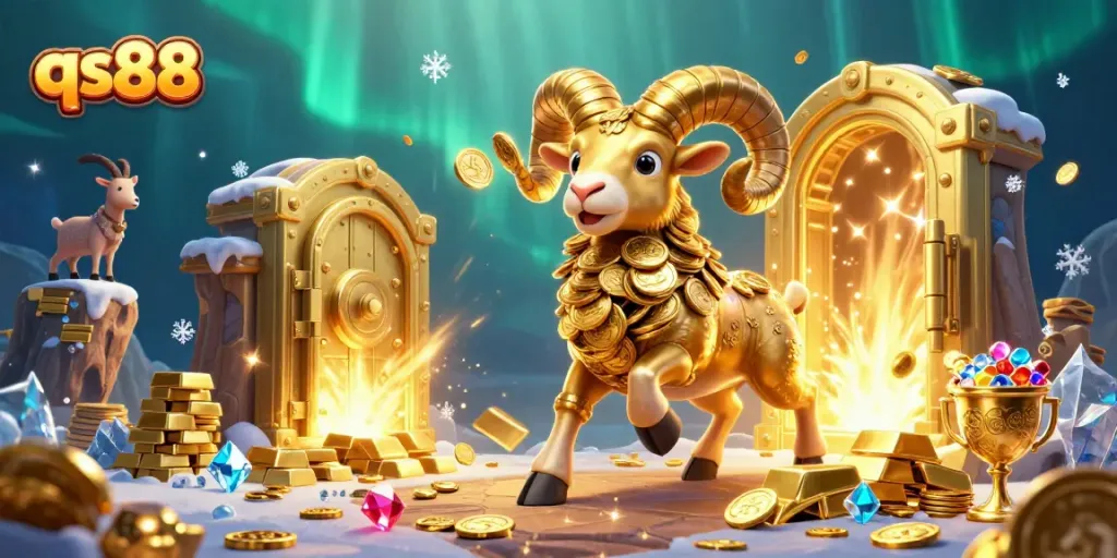 Experience the thrilling qs88 gaming world with a dynamic golden ram character charging at a treasure vault.