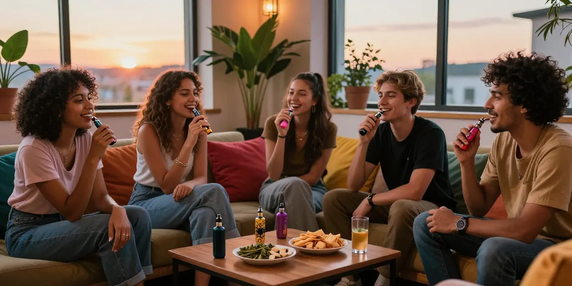 Friends enjoying THC vapes in a cozy lounge with stylish decor.
