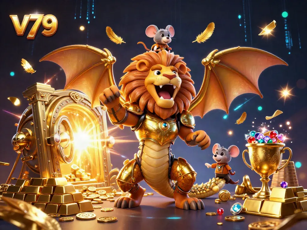 Experience the excitement of v79 casino gaming with a golden-armored chimera and treasures bursting with gems.