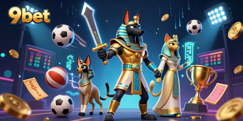 Engage in thrilling 9bet sports betting action with Anubis and Bastet in an electrifying scene.