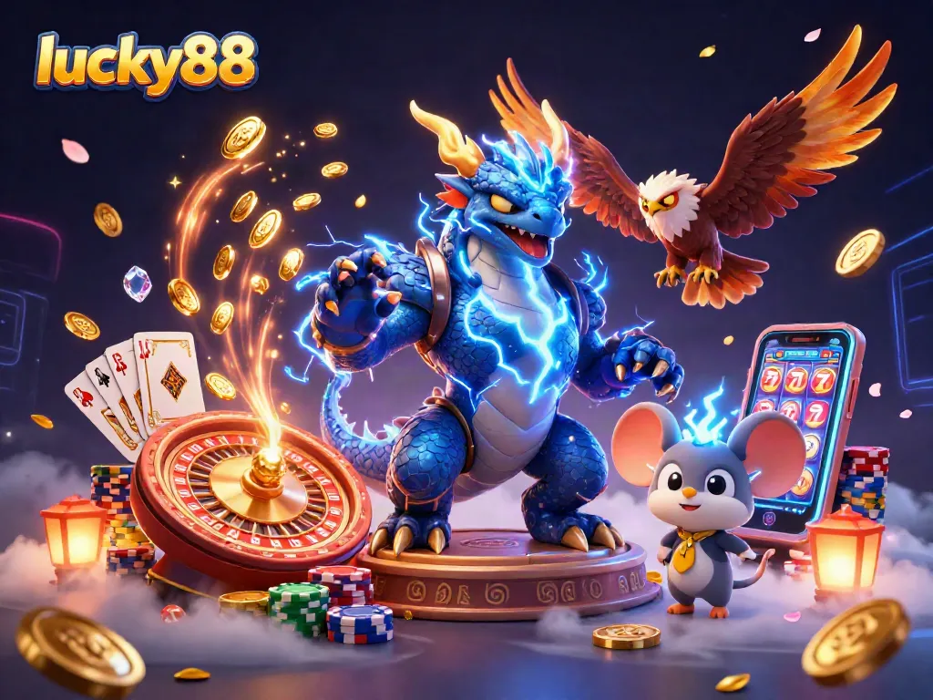 Engaging scene showcasing lucky88 with a thunder dragon, hawk, and thunder mouse in a vibrant casino atmosphere.