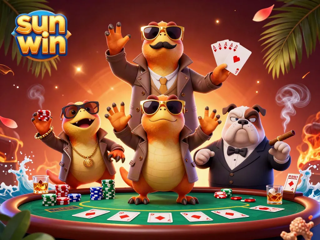 Engage in thrilling poker games at sun win with raptors in a trench coat entering a VIP casino.