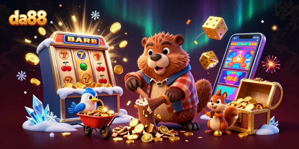Spinning the reels at da88, where golden coins rain down amidst a vibrant casino atmosphere.
