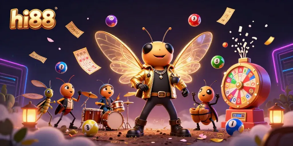 Experience thrilling gameplay at hi88 with vibrant characters; a cicada rock star and energetic elements.