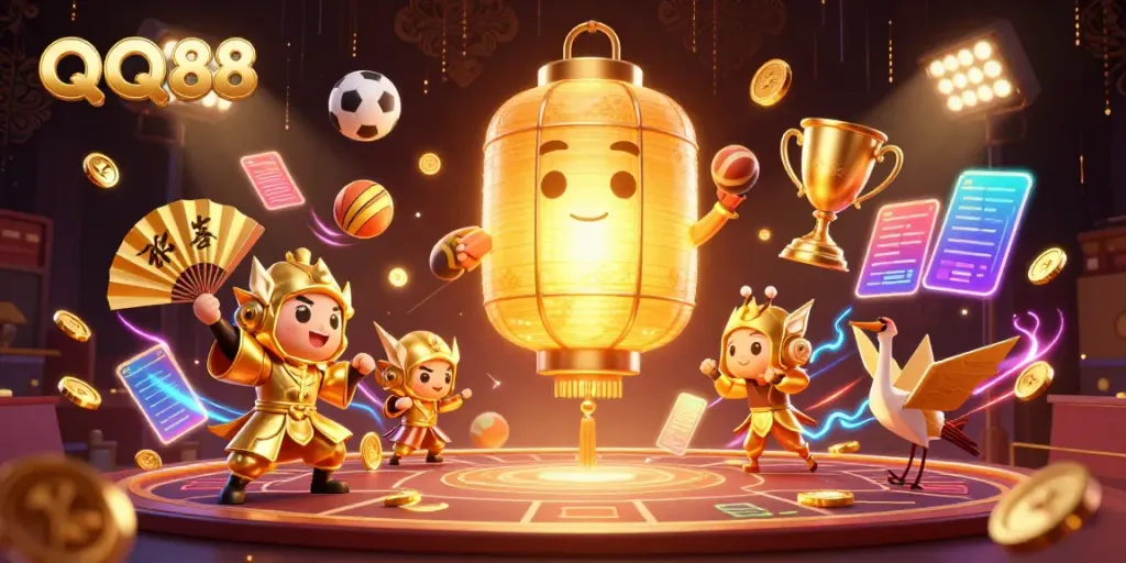 Experience thrilling wins at QQ88 Casino with a captivating 3D animated night market scene featuring vibrant characters and dynamic sports elements.