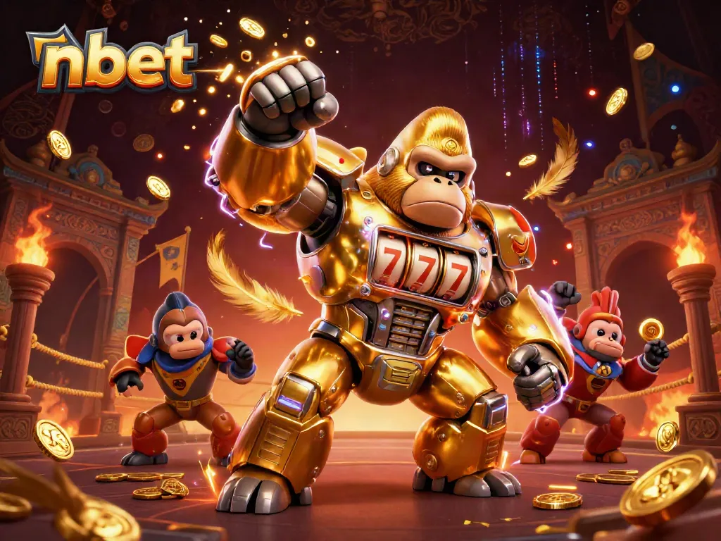 Experience thrilling gameplay with nbet's golden gorilla mech amidst a dynamic casino atmosphere.