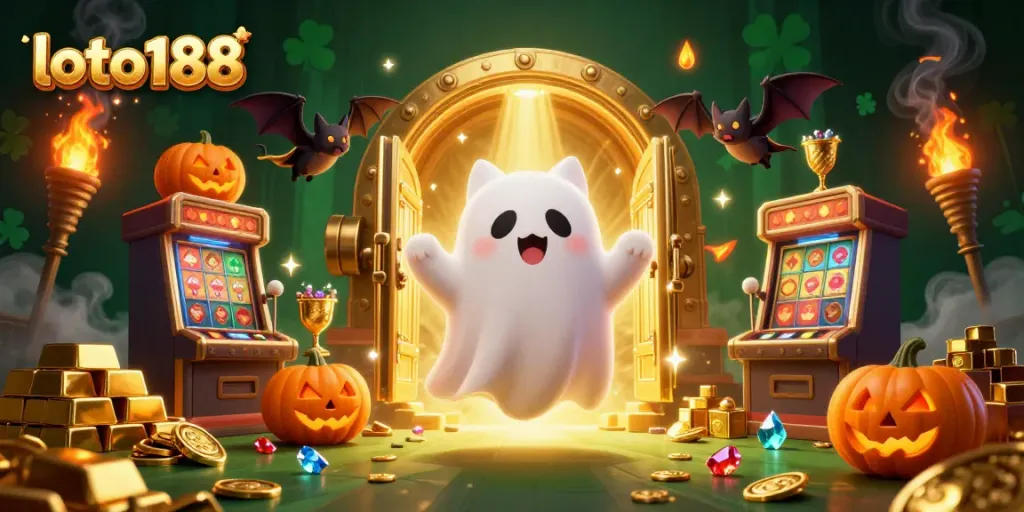 Engage with loto188's thrilling haunted casino scene featuring a ghost cat, vampire bat, and glowing jack-o-lanterns.