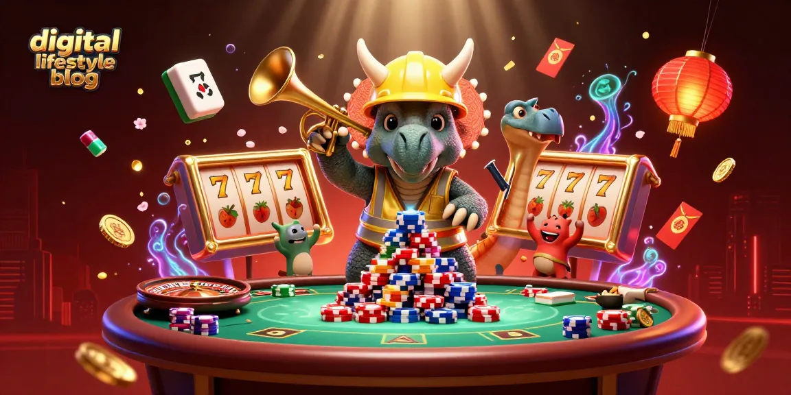 Engaging scene from a digital lifestyle blog featuring a triceratops creating poker chip pyramids amidst vivid casino elements.