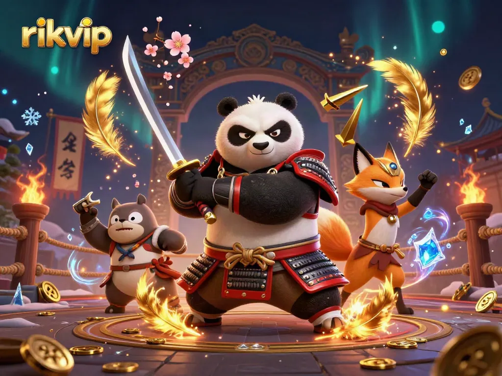 rikvip samurai panda poised for action in a rich casino battle scene with magical elements and gold coins