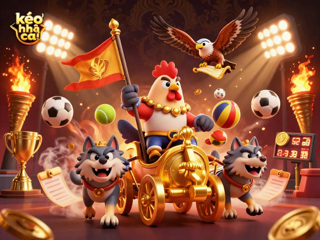 Engage with kèo nhà cái strategies through animated sports elements and a dynamic gambling action scene.