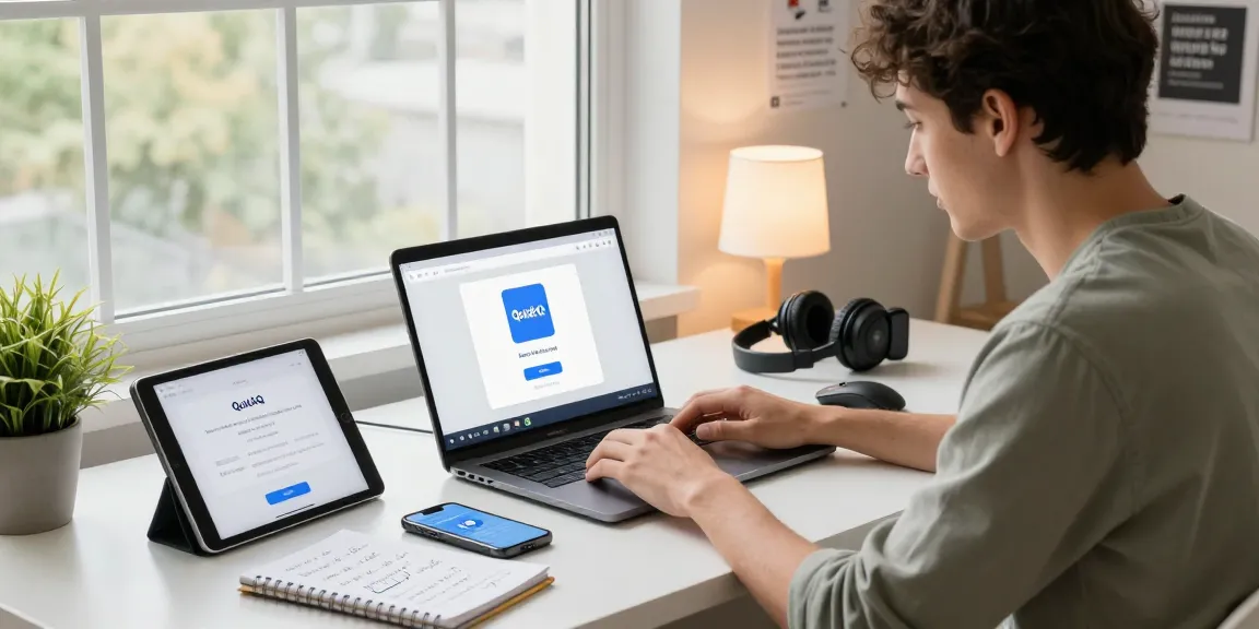 快速安装QuickQ下载客户端的现代办公场景，显示设备友好的界面。
