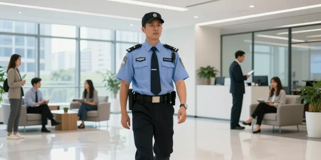 Private Security guard ensuring safety in a local business environment, trusted provider, professional service.