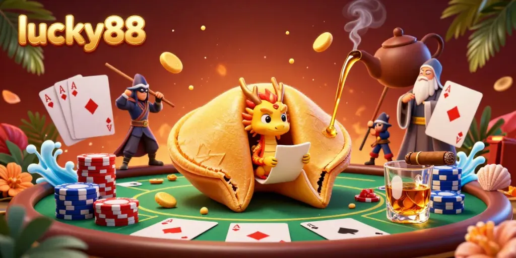 Bet on lucky88 with a vibrant scene featuring a golden fortune cookie, wise dragon, and poker elements.