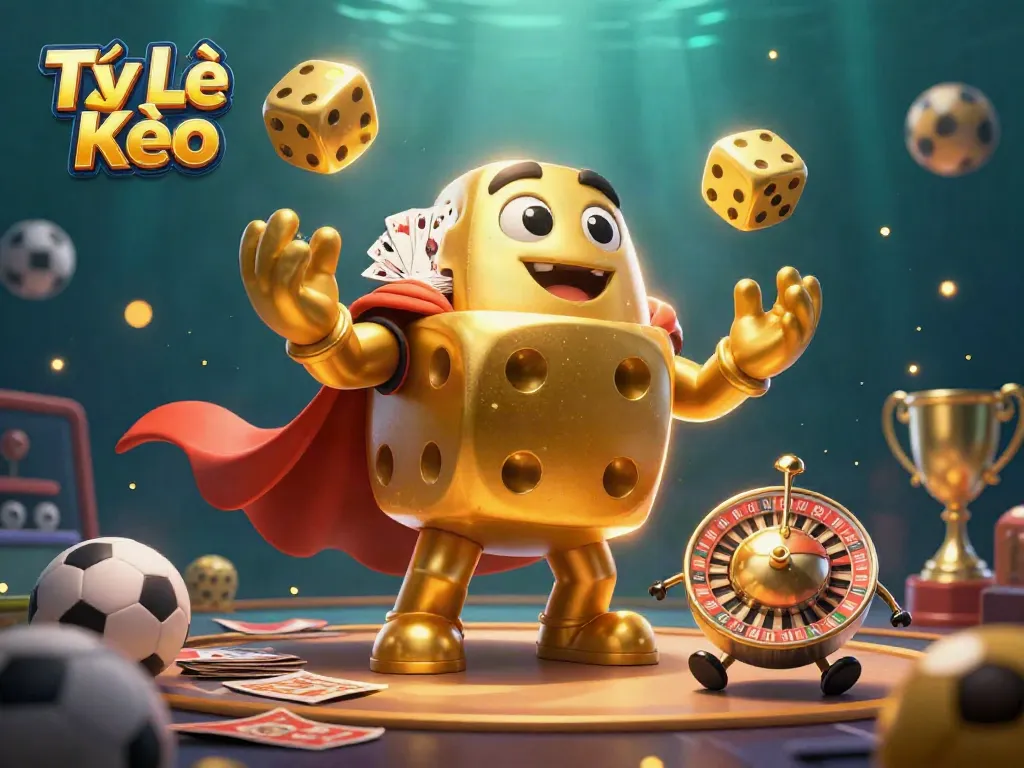 Engage in expert sports betting with Tỷ Lệ Kèo's dynamic visuals showcasing golden dice and betting elements.