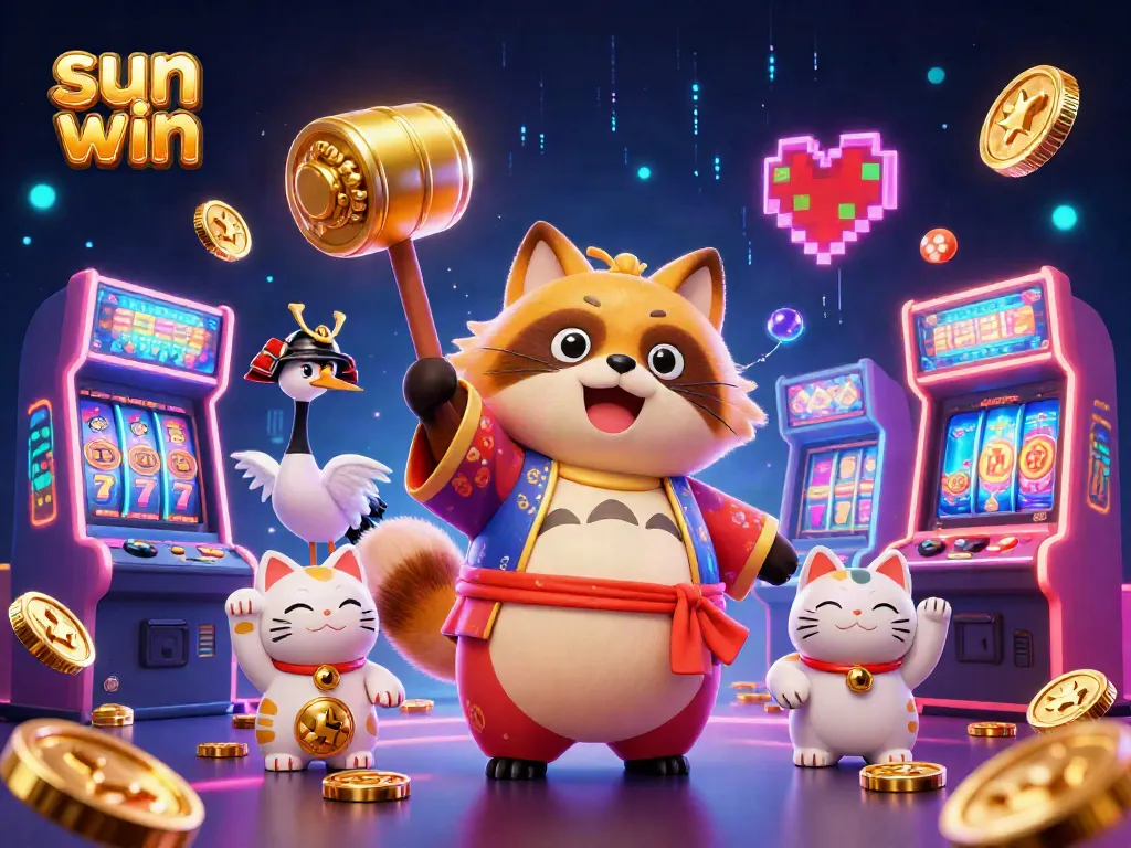Play and win at sun win with a colorful casino celebration featuring fortune cats and dynamic game elements.
