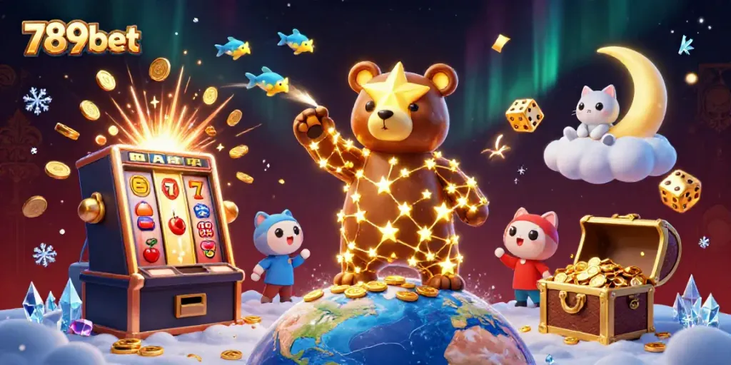 Experience the thrill of 789bet with a constellation bear collecting coins amidst a dazzling casino setting.