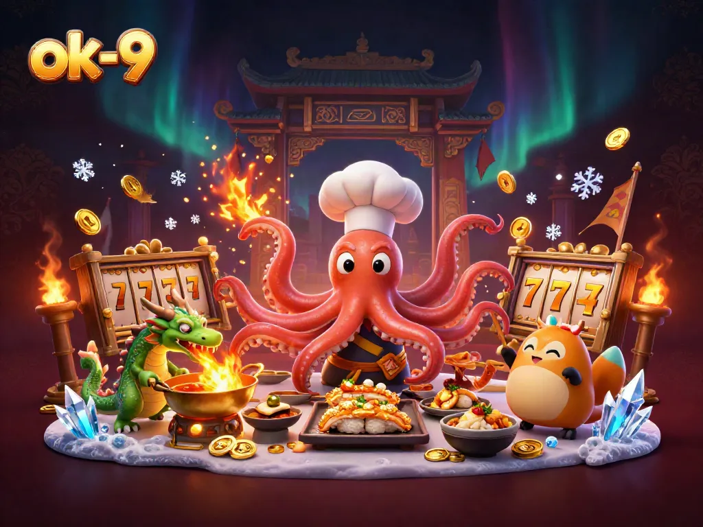 Experience the excitement of ok-9 with a sushi chef octopus preparing golden dishes in a vibrant casino setting.