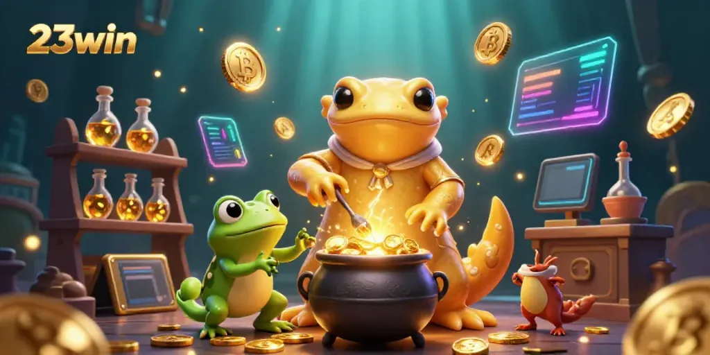 Experience the excitement of 23win with a magical golden alchemist, coins, and crypto elements.