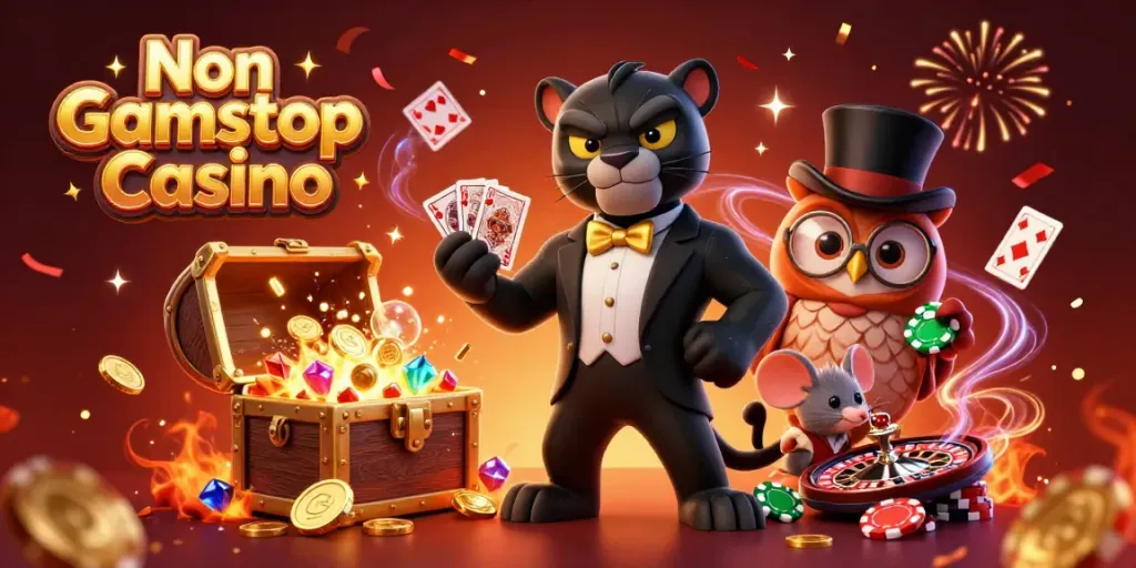 Experience the excitement at Non Gamstop Casino with a stylish panther dealing cards and fun characters.