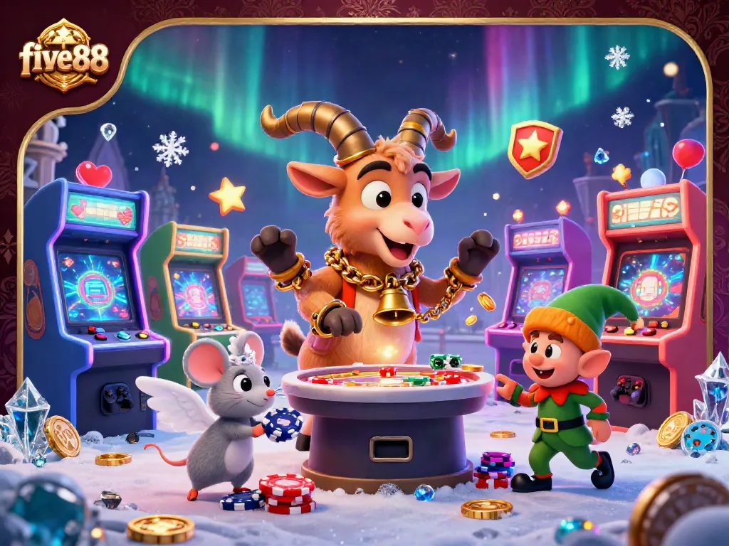 Experience the excitement of five88 casino with vibrant characters and engaging games in a festive scene.