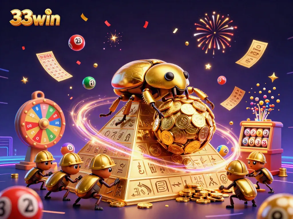 Experience thrilling gaming with 33win as golden beetles roll coins and lottery symbols burst with excitement!