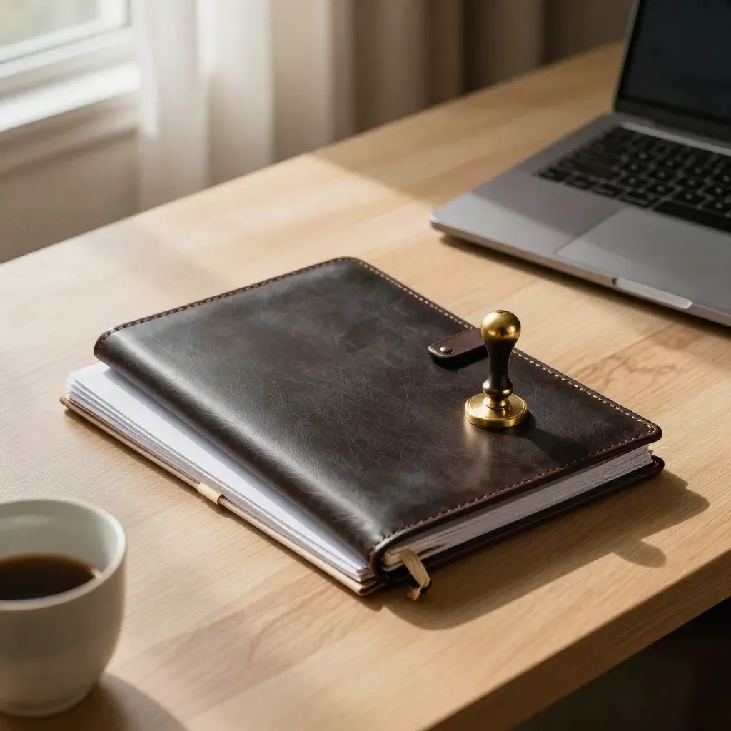 Founder legal pack, brass seal, agreement folio and closed laptop on a bright desk.