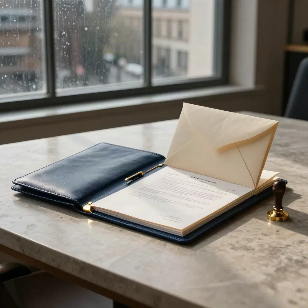 Navy legal folio, brass seal and corporate papers on stone in moody London morning light.