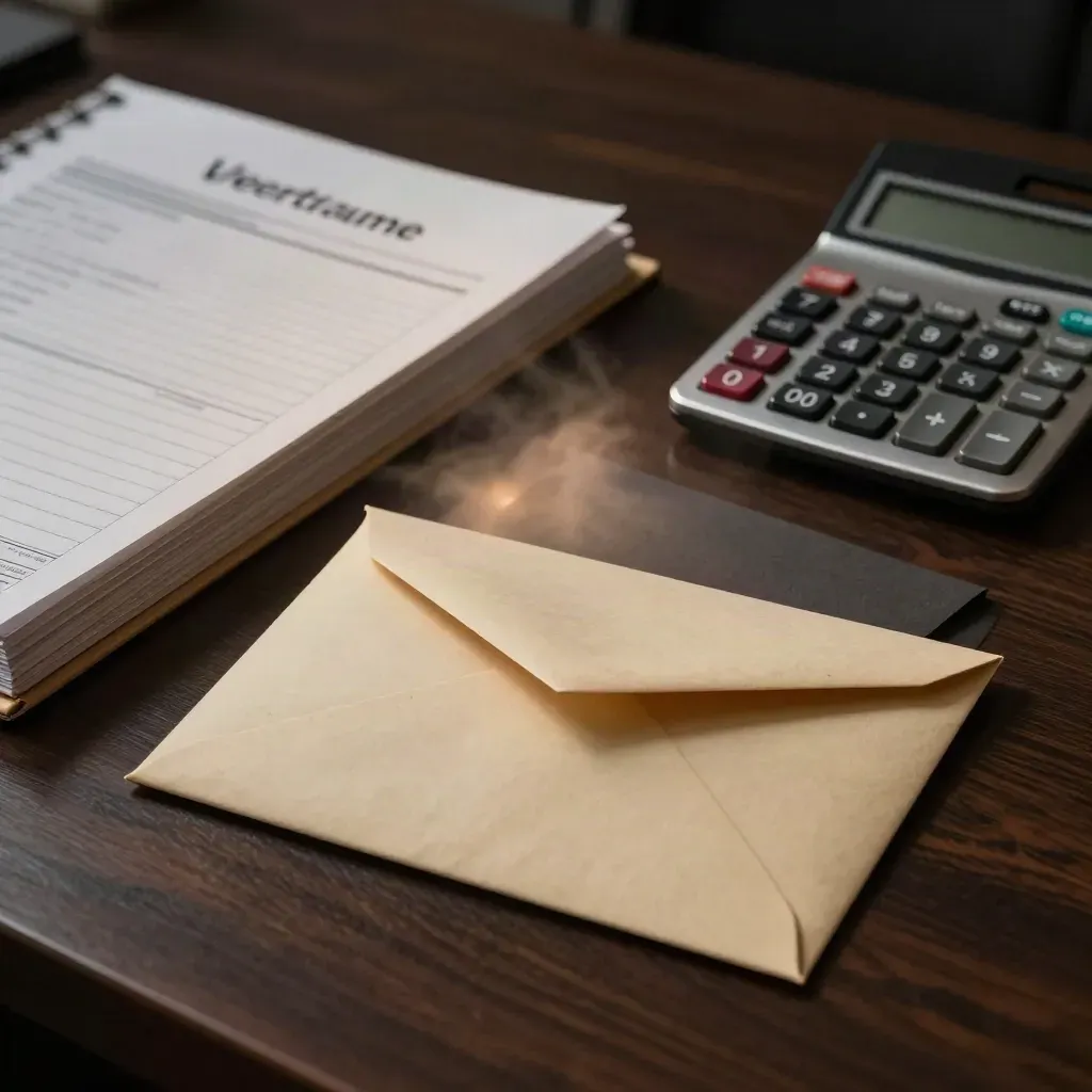 Overdue file, sealed envelope and calculator on a midnight desk with a red clip.