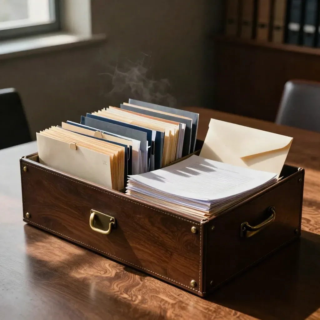 Open legal archive box with tabbed files and a sealed envelope on a dim table