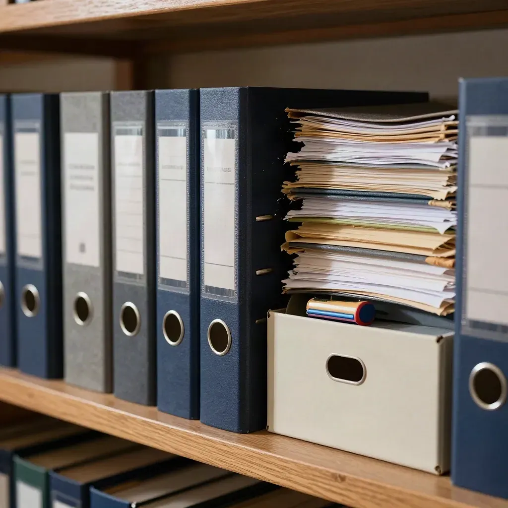 Binders, archive box and check stamp on a compliance shelf in soft side light.