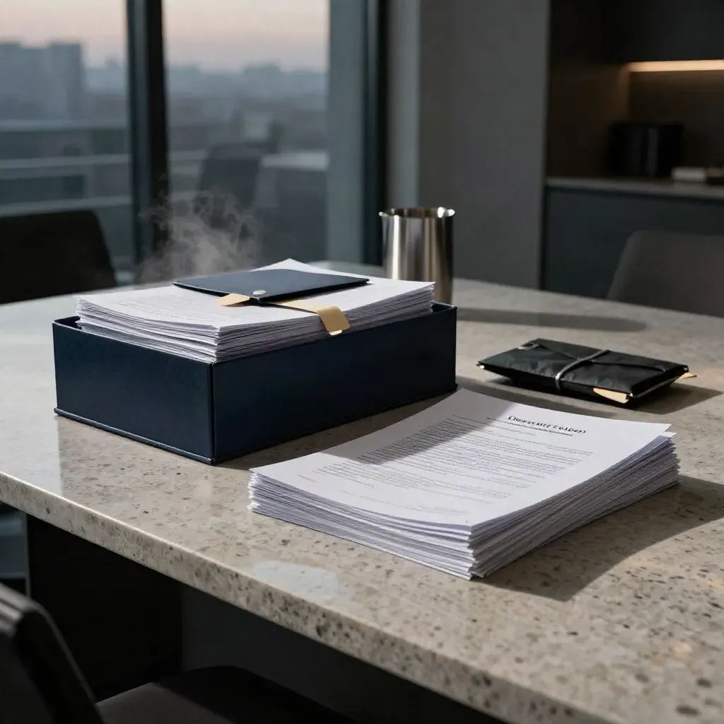 Acquisition dossier spilling from a data-room box on a moody boardroom table at dusk.