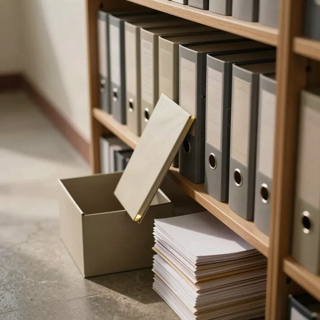 Overhead legal corridor with binders, audit box and notice sleeves in soft window light