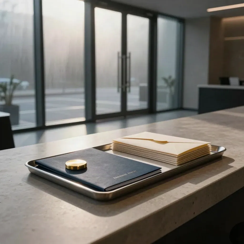 Dawn-lit legal reception counter with incorporation kit, brass seal and fogged street beyond glass