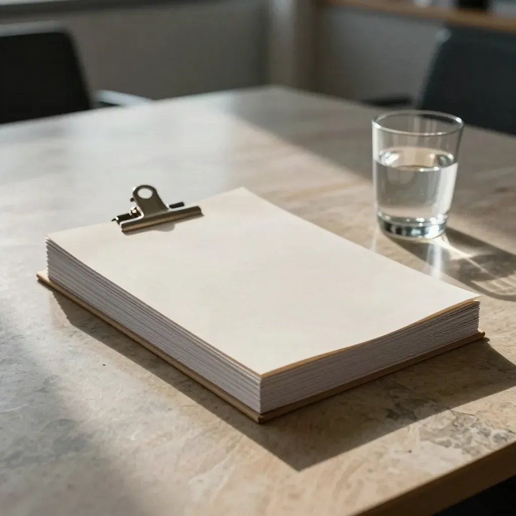 Board pack, clipped notes and water glass on a conference table in moody light.