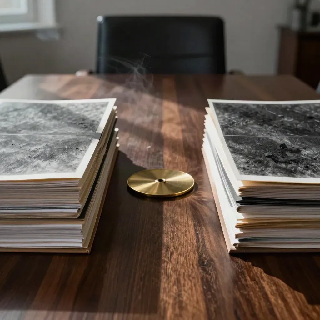 Opposing file stacks and a brass disc on a conference table, shot overhead in symmetry.