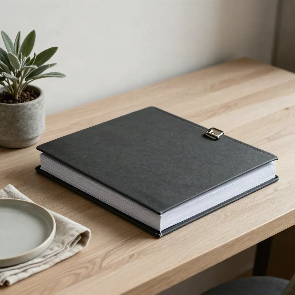 Dark legal folder on pale oak with plant, cloth and tray in soft daylight.