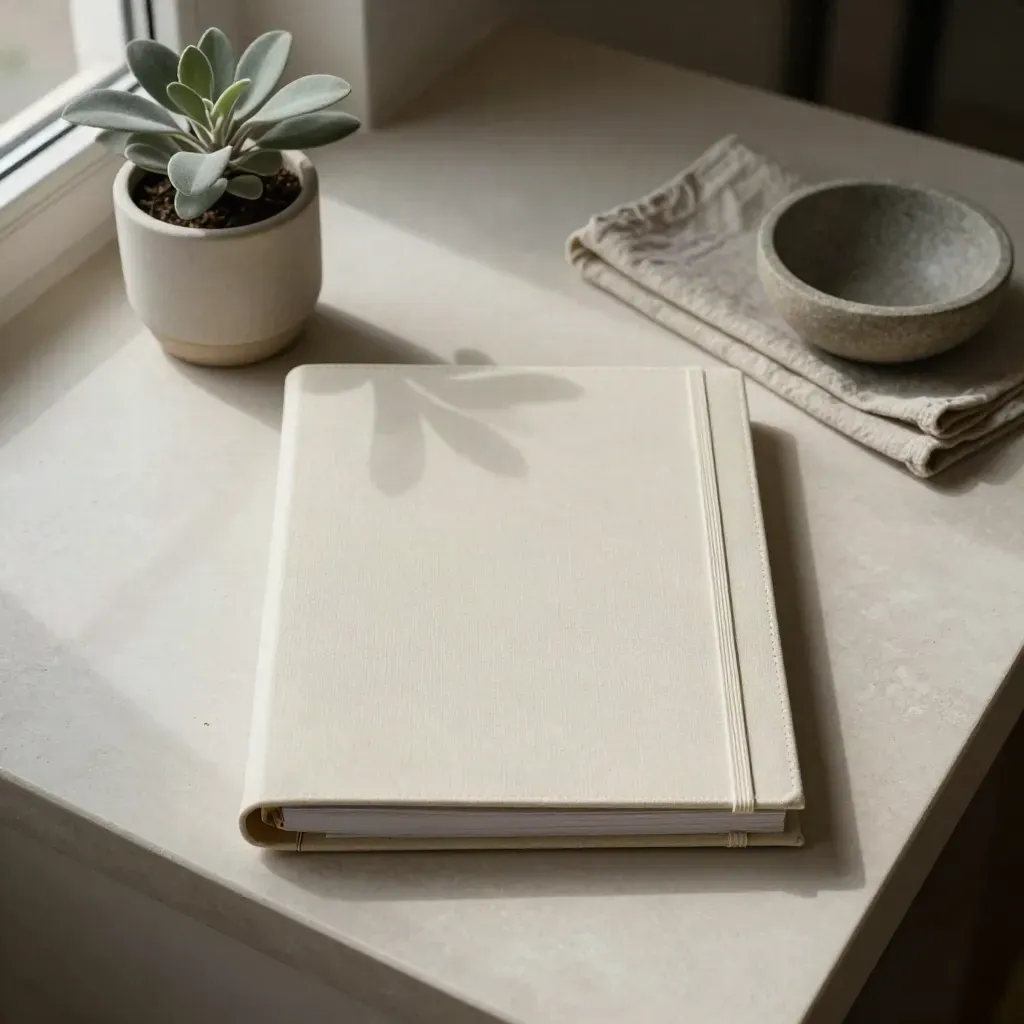 Cream HR policy binder with plant, cloth and bowl on a pale plaster sweep.