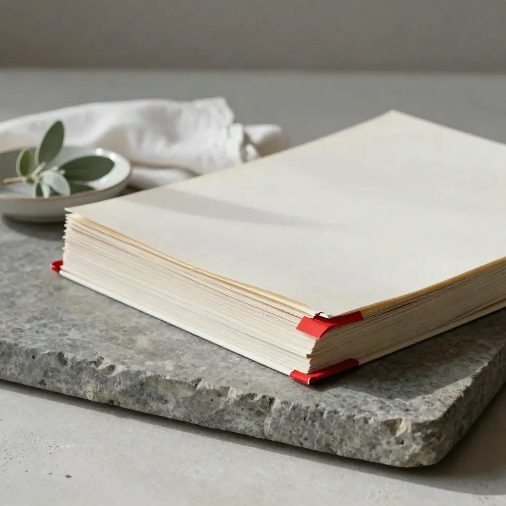 Due-diligence file with red tab, plant, cloth and ceramic dish on stone tray.