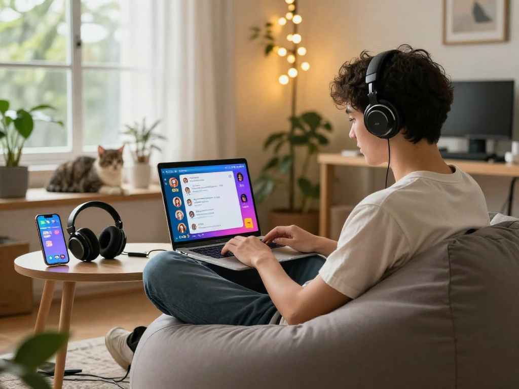 An engaging scene of a young adult using nsfw ai chat on a laptop in a cozy home office.