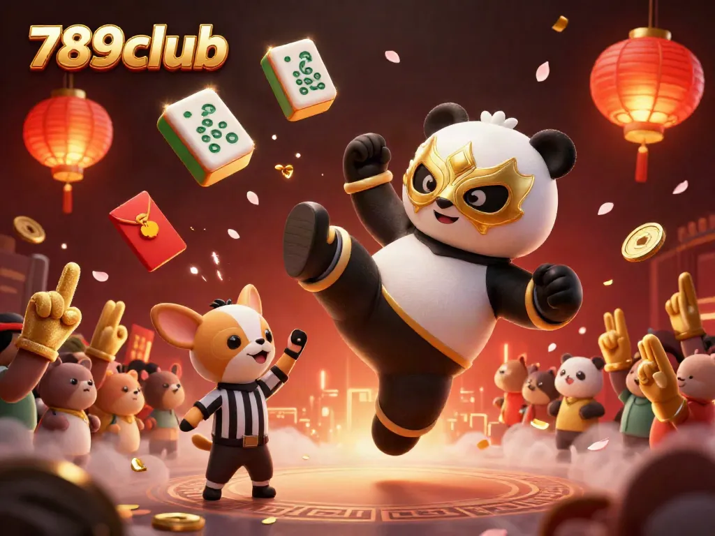 Experience the vibrant action of 789club with a panda wrestler and cheering animal spectators amidst a colorful casino atmosphere.