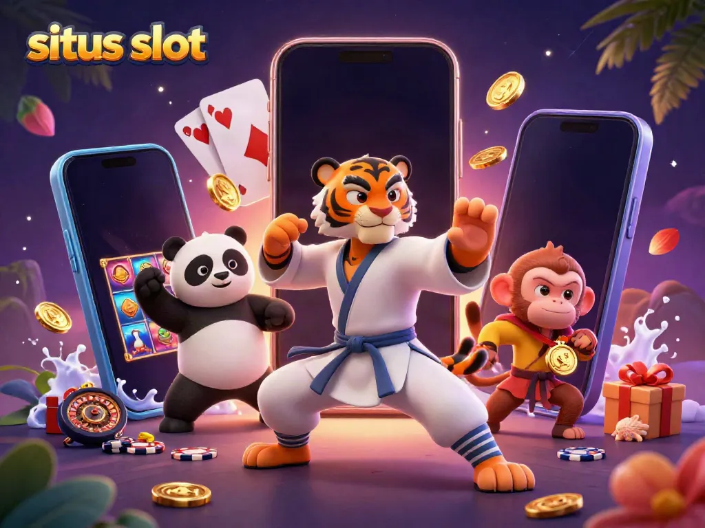 Play exciting situs slot games with a colorful 3D casino scene featuring a kung fu tiger master and panda disciple.