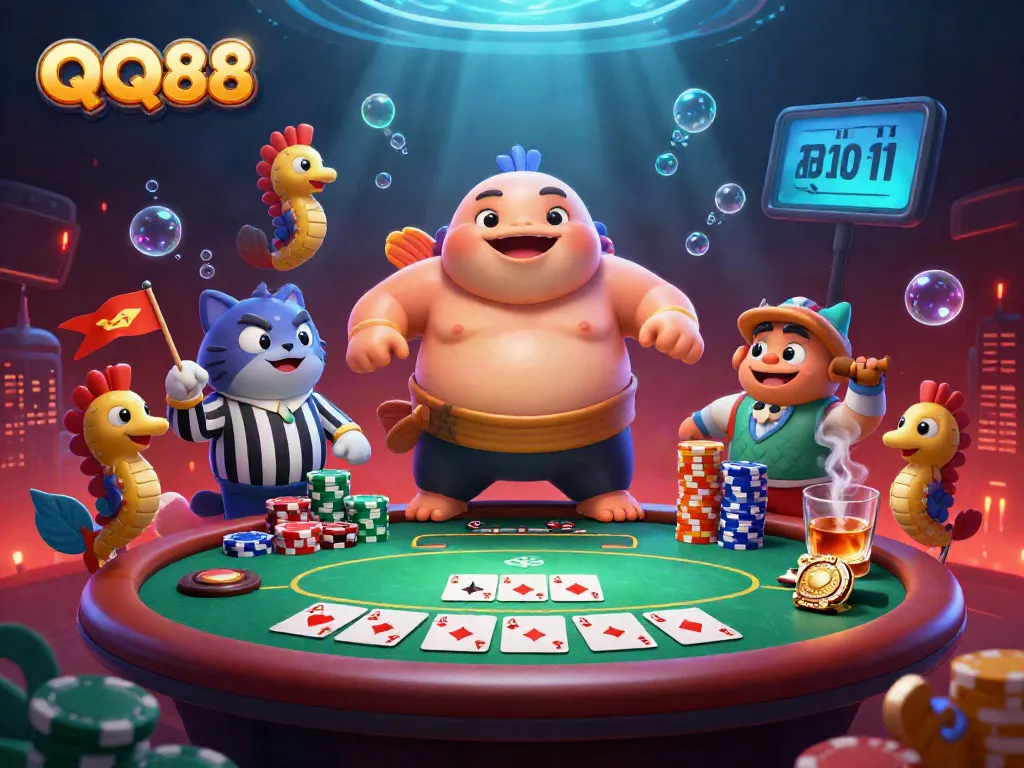 Experience QQ88's vibrant underwater casino with a poker tournament featuring a blowfish and seahorses cheering.