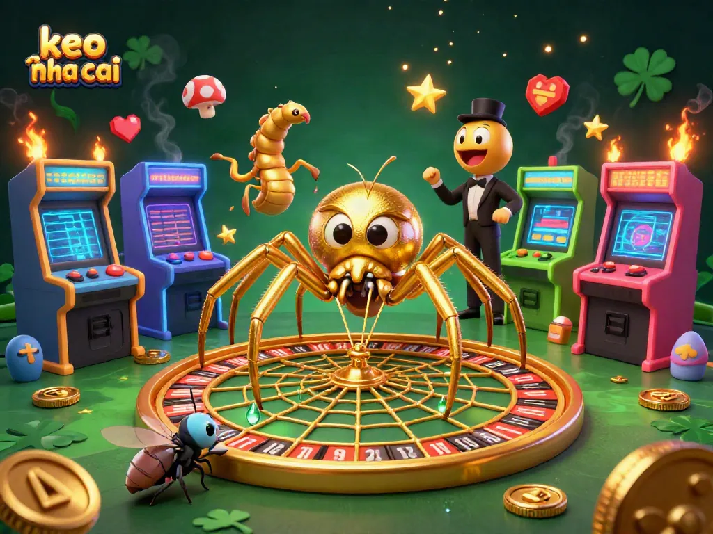 Engage with dynamic keo nha cai gameplay as a golden spider spins a roulette web amidst vibrant casino elements.